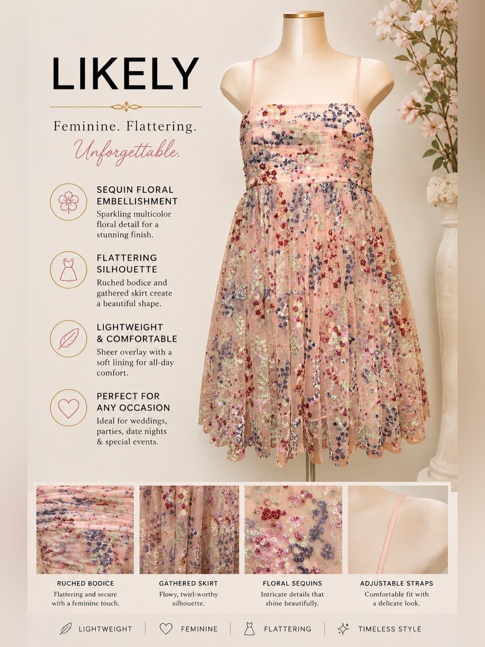 LIKELY Charlie Nude Pink Sequin BabyDoll Empire Waist Formal Sleeveless Dress